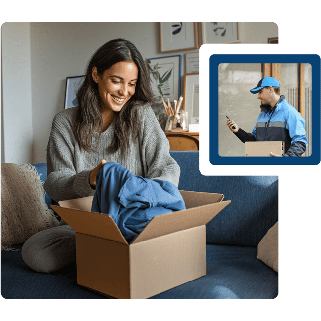 Resident happily opening a package delivered via Amazon Key.