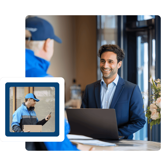 Building Manager smiling at an Amazon delivery driver